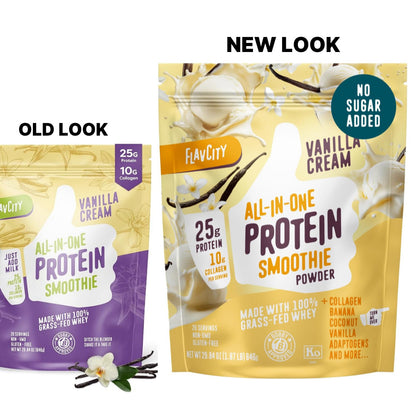 FlavCity Grass Fed Whey Protein Powder - Vanilla Smoothie - 25g Protein & 10g Collagen - Made with Real Vanilla Bean & Organic Coconut Milk - Gluten Free & No Added Sugars (20 Servings)